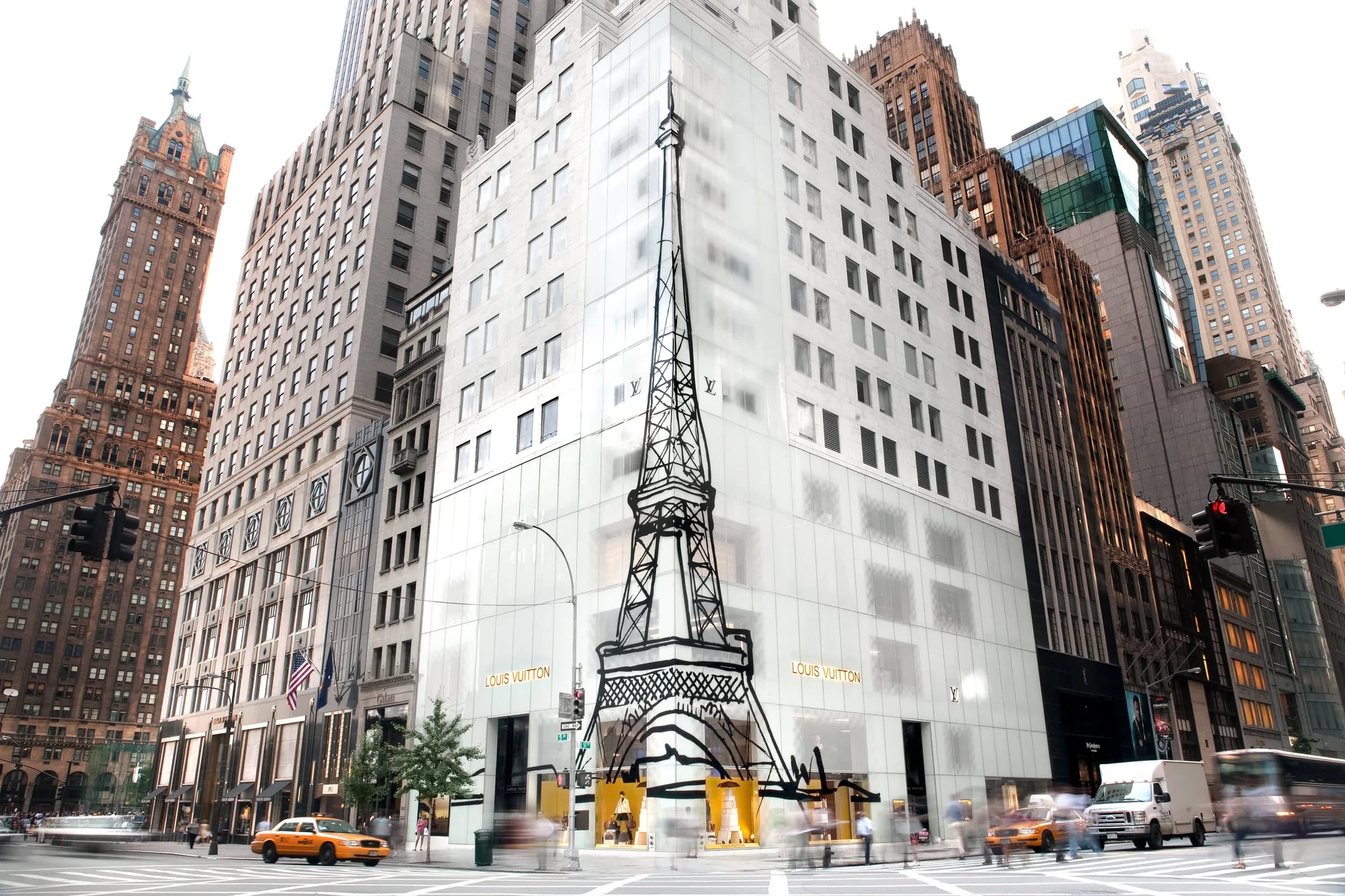 Louis Vuitton building printed floor to roof with a hand-drawn Eiffel Tower, New York