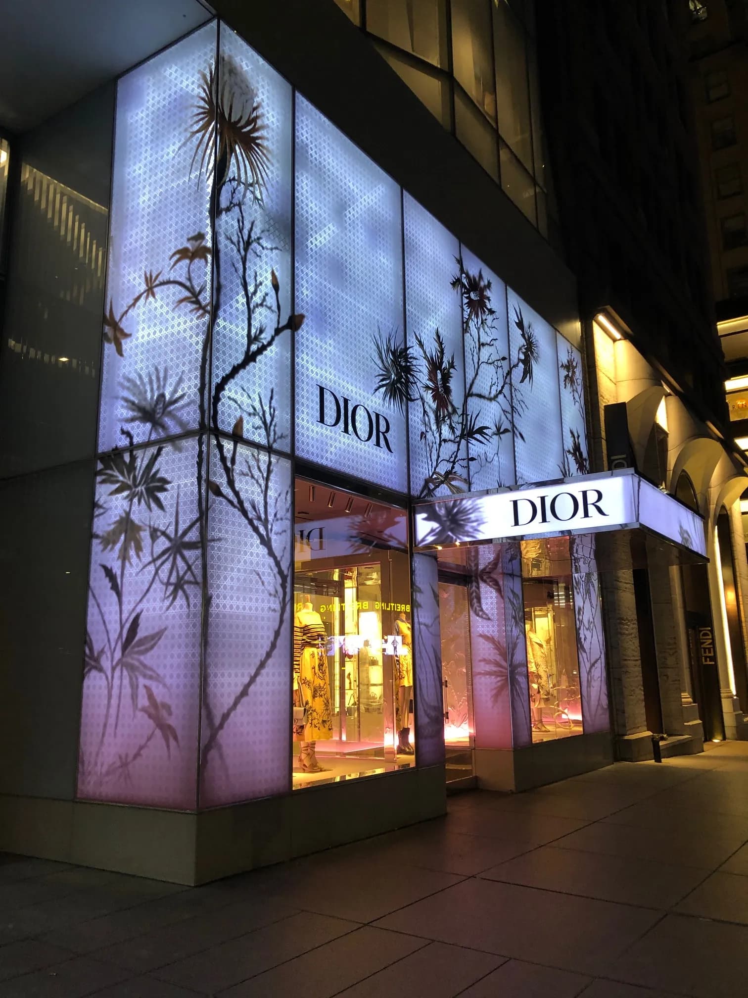 Backlit Dior facade panels with silhouetted branch motifs wrapping the 57th Street corner at night