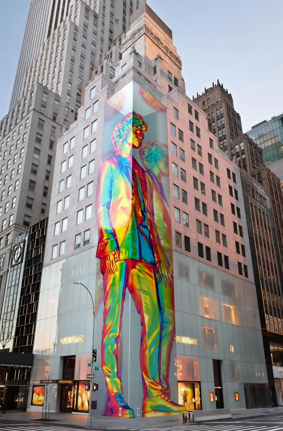 Louis Vuitton facade with a towering prismatic figure graphic from the Virgil Abloh collaboration