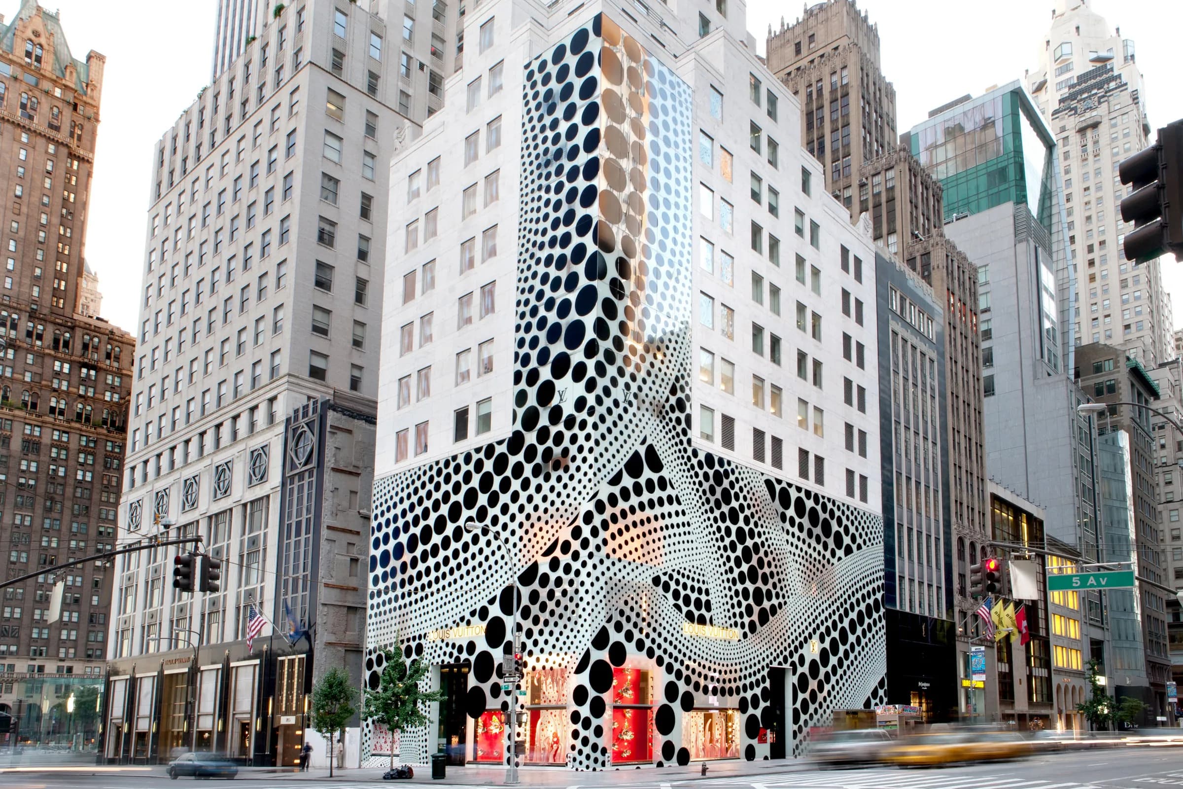 Louis Vuitton corner building wrapped floor to roof in large-format polka-dot graphics, New York