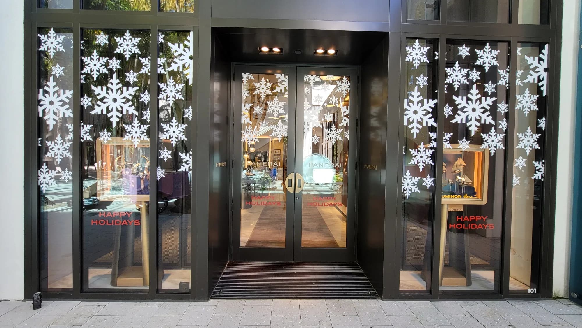 Panerai Miami Design District entrance with snowflake graphics on flanking windows